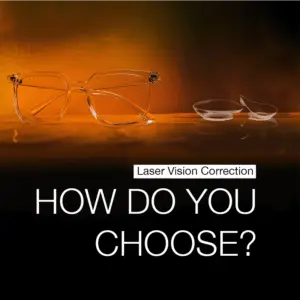 An image depicting glasses, contact lenses, and laser vision correction, representing different options for achieving clear vision and choosing the best method.