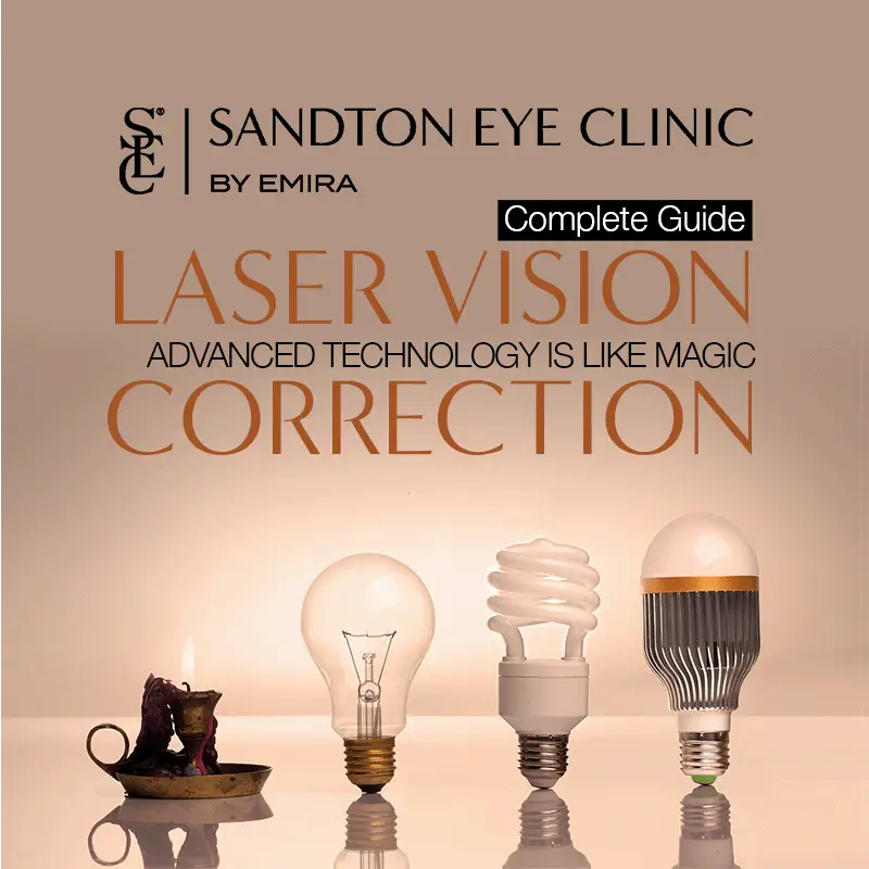 An image showing the evolution from a candle to modern light bulbs, symbolizing the advanced technology of laser vision correction, which can seem almost magical.