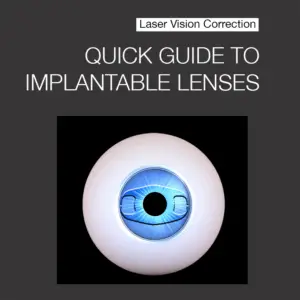 Illustration of an eye's anatomy with an implantable collamer lens (ICL) in place. The image shows the ICL positioned between the iris and the cornea, enhancing the eye's refractive ability and improving vision.