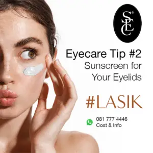 An eyecare tip image showing a young woman applying sunscreen to her eyelids. The text reads 'Eyecare Tip #2: Sunscreen for Your Eyelids.' The Sandton Eye Clinic logo is visible in the top left corner, with the hashtag '#LASIK' in large letters