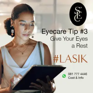 An eyecare tip image showing a woman looking at a tablet, with the text 'Eyecare Tip #3: Give Your Eyes a Rest.' The Sandton Eye Clinic logo is visible in the top left corner, with the hashtag '#LASIK' in large letters.