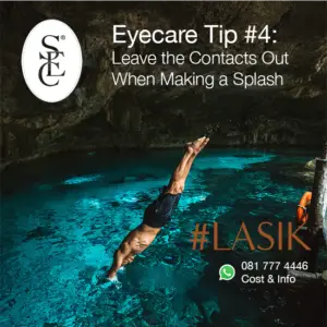 An eyecare tip image showing a man diving into a pool with the text 'Eyecare Tip #4: Leave the Contacts Out When Making a Splash.' The Sandton Eye Clinic logo is visible in the top left corner, with the hashtag '#LASIK' in large letters.