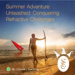 An image showing a woman standing on the beach with a surfboard, facing the ocean, with the text 'Summer Adventure Unleashed: Conquering Refractive Challenges.' In the background, a windsurfer can be seen enjoying the sea. The Sandton Eye Clinic logo is visible in the bottom right corner, with festive party hats added for a holiday touch.