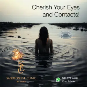 An image showing a woman standing in shallow water, with her back to the camera, and the text 'Cherish Your Eyes and Contacts!' In the foreground, there is an image of a contact lens. The Sandton Eye Clinic logo is visible in the bottom left corner, accompanied by a festive sparkler icon.