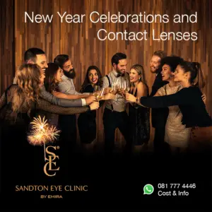 An image showing a group of people celebrating with glasses of champagne at a New Year's celebration, with the text 'New Year Celebrations and Contact Lenses.' The Sandton Eye Clinic logo is visible in the bottom left corner, accompanied by a festive sparkler icon.