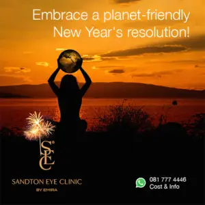 An image of a person silhouetted against a sunset, holding a globe with the text 'Embrace a planet-friendly New Year's resolution!' The Sandton Eye Clinic logo is visible in the bottom left corner, accompanied by a festive sparkler icon.