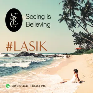 A woman sitting on a beautiful beach with waves gently washing over her, illustrating the caption 'After LASIK, seeing is believing.